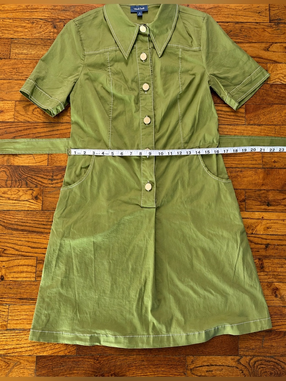 ModCloth Olive Green Utility Shirt Dress Button Front Tie Waist Pockets Retro 8 - Picture 10 of 16